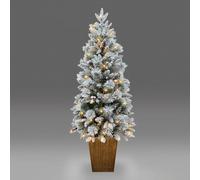 SHATCHI 5Ft/1.5m Pre Lit Potted Snow Flocked Christmas Tree with 100 Warm White LED Lights Changing 8 Modes, Pine Cones and Red Berries Snowy Tips, Green, 150cm