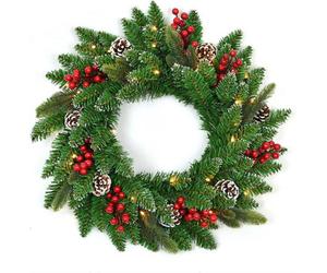 Shatchi Pre-Lit Stockholm 55Cm Berries And Pine Cones Wreath With Warm White Leds Battery Operated