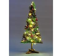 SHATCHI Prelit Battery Operated Christmas Home Hanging Wooden Twigs Base Decorated with Red Baubles,Berries, Foliage,Pine Cones, Micro Rice LED Lights, Wood, Bronz Stars, Tree-50cm