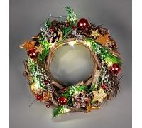 SHATCHI Prelit Battery Operated Christmas Home Hanging Wooden Twigs Base Decorated with Red Baubles,Berries, Foliage,Pine Cones, Micro Rice LED Lights, Wood, Bronz Stars, Wreath-22cm