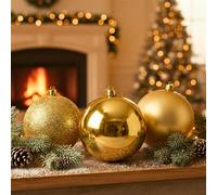 20cm/3Pcs Large Deep Gold Baubles PVC Shatterproof Glossy, Matt, Glitter Finish Christmas Balls Ornaments Assorted Set- Festive Xmas Tree Hanging Decorations, Round Ornament for Holiday Home Decor
