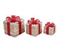 SHATCHI Light Up Christmas Parcels Pre-Lit Battery Operated LED Glitter Sisal/Rattan Xmas Presents Holiday Home Novelty Decorations Set of 3 - Gold/Red/Cream/Tartan, White & Brown, 25cm/20cm/15cm