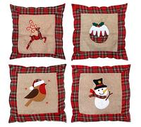 SHATCHI Set Of 4Pcs Pillow Cases Reindeer Snowman Robin Christmas Pudding Printed Pattern Cushion Covers Burlap Hessian Cotton Linen Sofa Bed Throw Cushions Couch Xmas Home Decorations