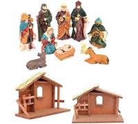 SHATCHI Small/Large Handmade Nativity Scene Birth Jesus Christ Wooden Stable and 10pcs/12pcs Figurine House Sculpture Christmas Decoration Xmas Décor, Multicolour, 10pcs Figures