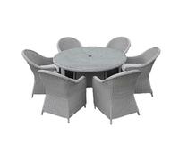 SHATCHI Sorrento Premium 7 Pieces Aluminium Rattan Dining Set 6 Seater, 6 Chairs with Cushions, Glass Top Dining Table Garden Lounge Balcony Dine Furniture, Light Grey