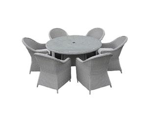 SHATCHI Sorrento Premium 7 Pieces Aluminium Rattan Dining Set 6 Seater, 6 Chairs with Cushions, Glass Top Dining Table Garden Lounge Balcony Dine Furniture, Light Grey