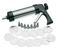 SHATCHI Stainless Steel Press Maker Kit Machine Cookie Molds Cake Icing Tools with 8 Piping Nozzles and 13 Biscuit Discs Cutters, Decorating Gun, Silver