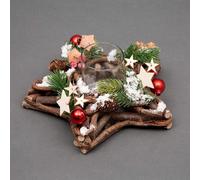 Shatchi Star Shape Wooden Candle Holder Tabletop Centrepiece Christmas Decorated with Red/Silver Baubles, Berries & Cones Shatchi Multicolor