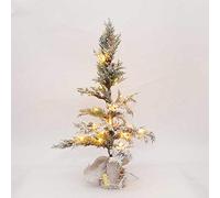SHATCHI Table Mantel Centrepiece Pre Lit LED Christmas Frosted Tips with Pine Cones Flocked Snow Covered Xmas Tree with Burlap Base for Decoration, Green, 75cm