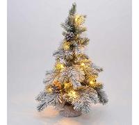 SHATCHI Table Mantel Centrepiece Pre Lit LED Christmas Tree Frosted Tips with Pine Cones Flocked Snow Covered Xmas Tree with Burlap Base for Decoration