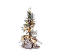 SHATCHI Table Mantel Centrepiece Pre Lit LED Christmas Tree Frosted Tips with Pine Cones Flocked Snow Covered Xmas Tree with Burlap Base for Decoration