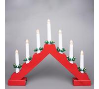 SHATCHI Traditional Wooden Pre-Lit Red Candle Bridge Light 7 LEDs Bulbs - Battery Powered - Window Christmas Tree Home Office Desk Light Holiday Xmas Festive Decoration