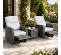 Shatchi Verona 2 Seater Rattan Reclining Garden Bistro Set With 2 Armchairs, Glass Side Table & Dark Grey Cushions