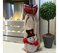 Christmas Bag Wine Bottle Cover Snowman, Festive Burlap Hessian Linen Liquor Bottle Wrap with Drawstring Closure, Printed Novelty Xmas Table Decoration for Dinners and Parties