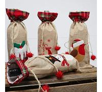 SHATCHI Wine Bottle Liquor Cover Bag with Drawstring Printed Pattern Burlap Hessian Linen Novelty Dinner Table Decorations-Reindeer/Snowman/Robin/Christmas Pudding