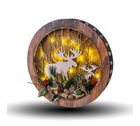 SHATCHI Wooden Christmas Reindeer Scene Tabletop Centrepiece Frame-Battery Operated with Micro Rice LEDs and Festive Room Wall Table Home Xmas Decorative Gift, Wood, Wreath 30cm