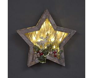 SHATCHI Wooden Christmas Reindeer Scene Tabletop Centrepiece Frame 38cm - Star Shape, Battery Operated with Micro Rice LEDs and Festive Decorations - Room Wall Table Home Xmas Decorative Gift