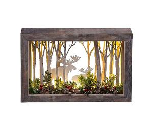 SHATCHI Wooden Christmas Reindeer Scene Tabletop Centrepiece Frame 45x29cm - Rectangle Shape, Battery Operated with Micro Rice LEDs and Festive Decorations - Room Wall Table Home Xmas Decorative Gift