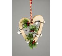 23cm Cream Wooden Heart Wall Hanging Ornament Decorated with White Bells Berries and Pines Christmas Holiday Home Decorations