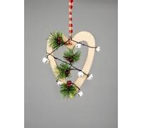 SHATCHI 30cm Cream Wooden Heart Wall Hanging Ornament Decorated with White Bells Berries and Pines Christmas Holiday Home Decorations, 23x1.2x30 cm