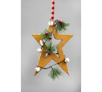 26cm Light Brown Wooden Star Wall Hanging Ornament Decorated with White Bells Berries and Pines Christmas Holiday Home Decorations