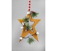 36cm Light Brown Wooden Star Wall Hanging Ornament Decorated with White Bells Berries and Pines Christmas Holiday Home Decorations