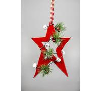 SHATCHI 26cm Red Wooden Star Wall Hanging Ornament Decorated with White Bells Berries and Pines Christmas Holiday Home Decorations, 18x1.2x26 cm