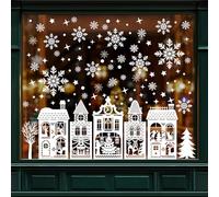 SHATOO Christmas Window Stickers Large Reusable, 184PCS White Xmas Window Stickers Double Sided, Merry Christmas Window Clings Decals for Shop Window Xmas Decorations with Winter House Snowflake