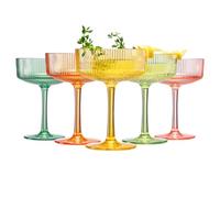 Shatterproof Acrylic Ribbed Vintage Art Deco Martini, Champagne & Cocktail Bright Pastels Color Plastic Tritan Coupe Glasses | Set of 5 | 8 oz Ripple Classic Cocktail Indoor & Outdoor, European Style