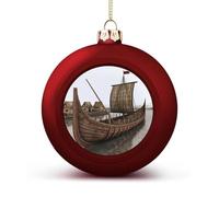 Shatterproof Christmas Old Viking Boat Ball Ornaments 1.6" Red Christmas Balls for Tree Decor Lightweight Plastic Baubles with Gold String for Xmas Tree Holiday Party Decorations