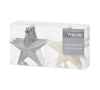 Shatterproof Christmas Stars 6 Pack 100mm Premier Christmas Tree Decoration, glitter Star Baubles (Silver And White 1446)
