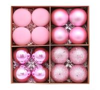 Shatterproof Pink Christmas Ornaments 16 Pack Baubles | Shatter-resistant Plastic, Matte Satin Mirror Glitter Finishes, Metal Hanging , Festive Tree Wreath Decor