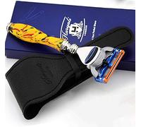 Shaving Duo Gift Set: 5 Edge Luxury Razors & Leather Protective Case for Razors - Yellow Striped Collection