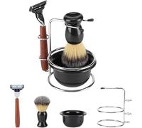 Shaving Kit for Men, 4 in 1 Best Badger Bristles Manual Brush Stand Soap Cup Bowl Set Safety Razor Stainless Steel Straight Hair Holder Gift for Father Husband Brother Birthday Christmas Wedding