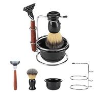 Shaving Kit for Men, 4 in 1 Manual Safety Razor Stand and Shaving Soap Cup Set Men's Wet Badger Hair Brush Bristles Mug Elegant Soap Stainless Steel Grooming Gift for Father Husband Brother