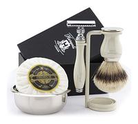 Shaving Set for Men with Silver Tip Badger Brush and Double Edge Razor, Razor Stand, Stainless Steel Shaving Bowl and Haryali London Premium Soap