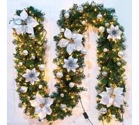 SHAVINGFUN Christmas garland,christmas garland with lights,2.7M/ 9FT Christmas Garland Decorations Illuminated with LED Lights,for Stairs Fireplaces Christmas Festive Wreath Xmas Decor (Silver White)