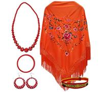 Shawl and Accessories Pack: Embroidered Manila Shawl with Flamingo Style Accessories and Embroidered Bracelet for Popular Parties and Events (Orange Big Flower)