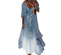 Shawl Set Ladies Clothing 2PcsSet Ink Flower Print A-line Flowy Large Hem Dress Cardigan Set Sling V-neck Long Dress