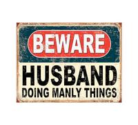 Shawprint Beware Husband Doing Manly Things Funny Metal Signs Home Pub Indoor & Outdoor Garden Bar Garage Vintage Wall Plaque Gift Retro (10” x 8”)