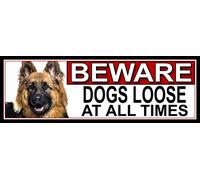 SHAWPRINT German Shepherd BEWARE DOGS LOOSE AT ALL TIMES METAL GATE SIGN 266mm x 87mm. (390H2)