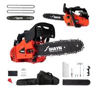 SHAYN 25.4cc Petrol Chainsaw - 2-Stroke Top Handle Chain Saw with 10" Bar, 2 Spare Chain, Anti-Vibration, Low-Noise, Auto Oiler, Toolkit & Carry Bag- Lightweight Garden Saw with 3-Year Warranty (Red)