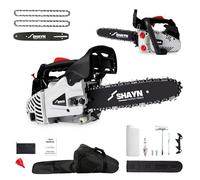 SHAYN 26cc Petrol Chainsaw - 2-Stroke Top Handle Chain Saw with 10" Bar, 2 Spare Chain, Anti-Vibration, Low-Noise, Auto Oiler, Toolkit & Carry Bag- Lightweight Garden Saw with 3-Year Warranty (Grey)