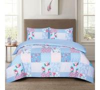 SHAZ HOME Classic Designers Luxury Printed Bedding Set Quilt Cover with Fitted Sheet and Pillowcases 4 Piece Complete Duvet Set (Floral Patchwork Blue, Super King)