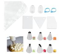 SHBAOCH 100PCS Disposable Piping Bags, 6 Stainless Steel Nozzles, 2 Reusable Couplers, 2 Silicone Rings, 3 Cake Texture Scraper Icing Piping Bags for Cupcake Dessert Cookies Decoration