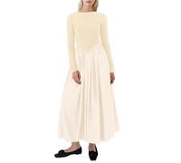 SHBECYDE Women Boat Neck Long Sleeve Maxi Dresses Slim Fit Drop-Waist Patchwork Dress Flowy Swing Fall Long Dress, Apricot, S
