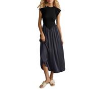 SHBECYDE Women’s Crew Neck Cap Sleeve Midi Dresses Slim Fit Drop Waist Patchwork Dress Flowy Swing Knit Long Dress, Black, L