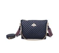 She & Bags Ladies Golden Bee Quilted PU Leather Triple Zip Multi-Pockets Practical Chain Shoulder Handbag Crossbody Bag - NAVY