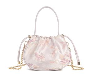 She & Bags Women's Floral Jacquard Evening Bag Ruched Satin Handbag Metallic Chain Top Handle Purse Elegant Clutch Chic Formal Shoulder Bag (Lilac)