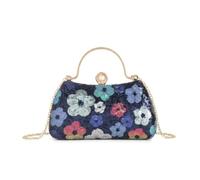 She & Bags Women's Sequined Floral Clutch Bag Beaded Evening Purse Formal Handbag with Metallic Handle and Detachable Chain for Wedding Party Prom and Special Events (Navy)